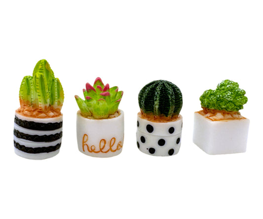 Miniature - Small cacti in pot, 4 flowers for dollhouse