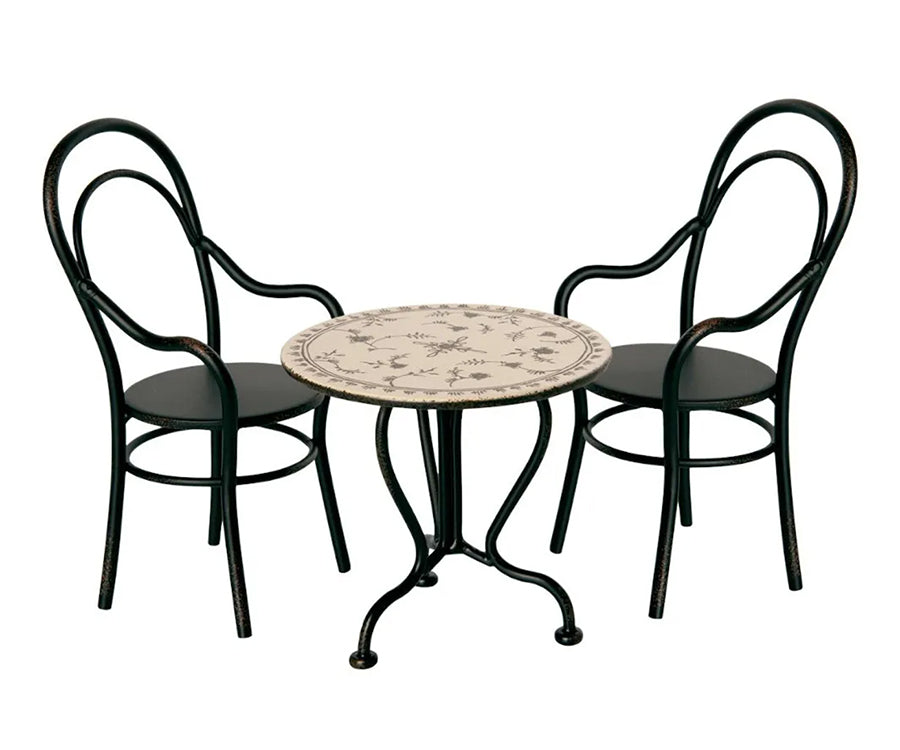 Maileg – Cafébord, litet runt bord, matbord i svart metall, vintage miniatyr (slutsåld kollektion)