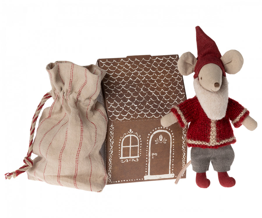 Maileg – Tomtemus med säck och litet pepparkakshus, santa mouse / jul mus