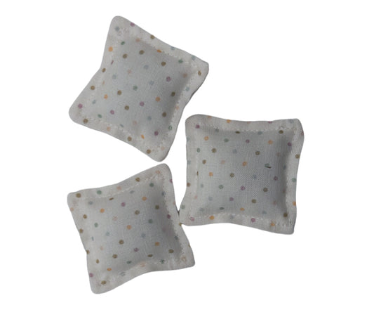 Miniature - Small cushions for dollhouses, white with multi-colored dots, 3 pcs