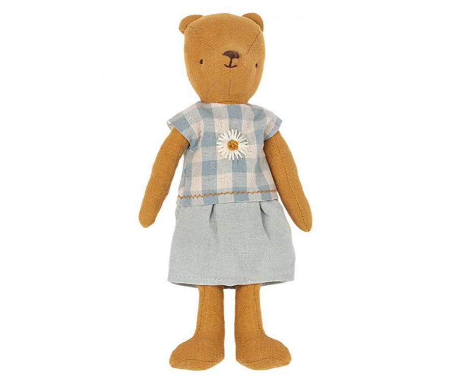 Maileg – Blå och vit rutig klänning med blomma till teddy mamma, kläder för björn nalle